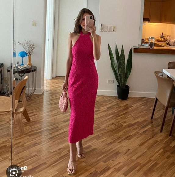 Zara * Fuchsia Pink Lace Halter Midi Dress Size S and L - Picture 8 of 16